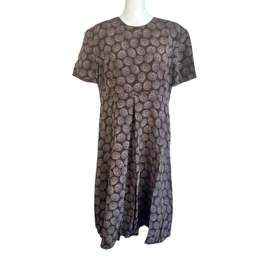 Vintage 90's Women's Silk Floral Print Dress Brown Sz 14 Minimalist Quiet Luxury